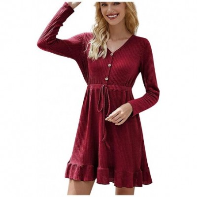 Nightgowns & Sleepshirts Women's Dress Fashion V-Neck Long-Sleeved Long Skirt Casual Loose Frock with Leather Buckle Casual G...