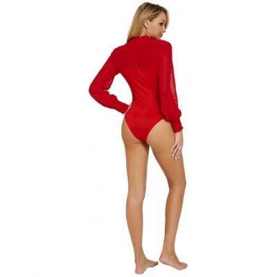 Shapewear Womens Sheer Mesh Lace Long Sleeve Bodysuits Leotard Clubwear - Red - C518HOGH0GR