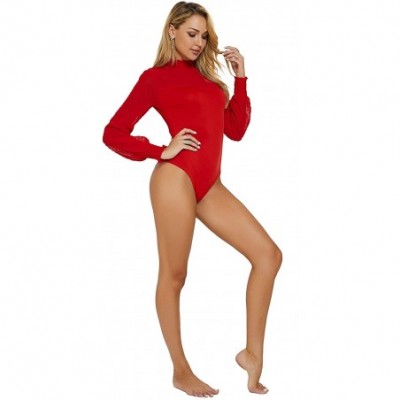 Shapewear Womens Sheer Mesh Lace Long Sleeve Bodysuits Leotard Clubwear - Red - C518HOGH0GR