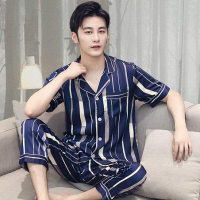 Sleep Sets Men's Pajamas Set Satin Silk Pyjamas Nightwear Sleepwear Home Wear Striped Printed Casual for Male-Blue 2-L - Blue...