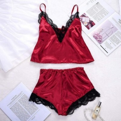 Sets Sleepwear Womens Sexy Lingerie Satin Pajamas Cami Shorts Set Nightwear Lace Soft Lingerie PJ Camisole Shorts Set Wine 1 ...