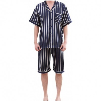 Sleep Sets Summer Men Pyjama Set Solid Silk Striped Suit Short Sleeve Satin Shorts Pajama - Blue - CI18UIXMM6E