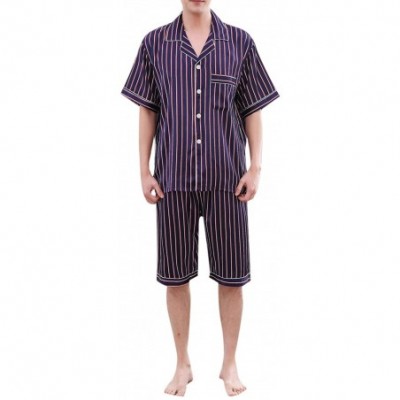 Sleep Sets Summer Men Pyjama Set Solid Silk Striped Suit Short Sleeve Satin Shorts Pajama - Blue - CI18UIXMM6E