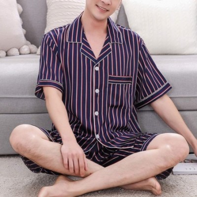 Sleep Sets Summer Men Pyjama Set Solid Silk Striped Suit Short Sleeve Satin Shorts Pajama - Blue - CI18UIXMM6E