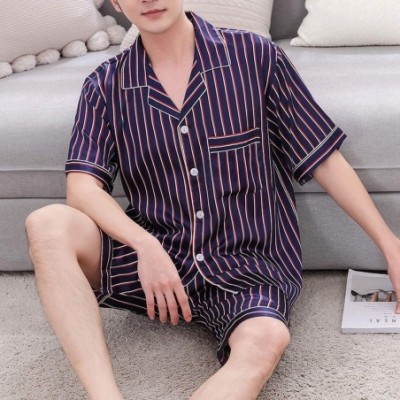 Sleep Sets Summer Men Pyjama Set Solid Silk Striped Suit Short Sleeve Satin Shorts Pajama - Blue - CI18UIXMM6E