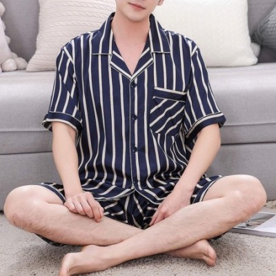 Sleep Sets Summer Men Pyjama Set Solid Silk Striped Suit Short Sleeve Satin Shorts Pajama - Blue - CI18UIXMM6E