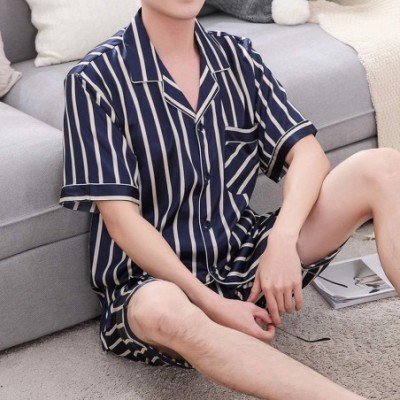 Sleep Sets Summer Men Pyjama Set Solid Silk Striped Suit Short Sleeve Satin Shorts Pajama - Blue - CI18UIXMM6E