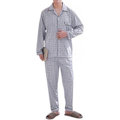 Sleep Sets Mens Long Sleeve Button Down Pajamas Set Lightweight Sleepwear Home Loungewear - Plaid - CJ19DEQSU3A