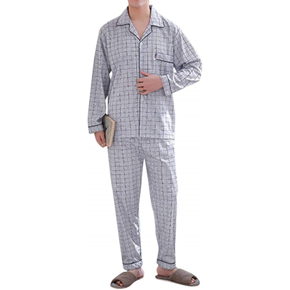 Sleep Sets Mens Long Sleeve Button Down Pajamas Set Lightweight Sleepwear Home Loungewear - Plaid - CJ19DEQSU3A