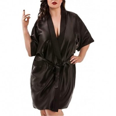 Robes Women's Plus Size Sexy Lingerie-Women Silk Robe Dress Nightdress Sleepwear - Black - CH18HYMZTA5