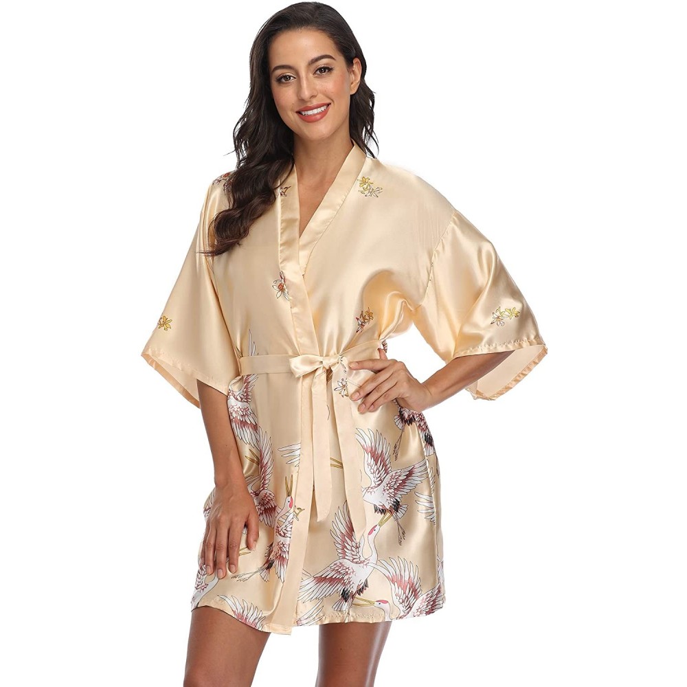 Robes Women's Floral Crane Kimono Robe Short Silky Sleepwear Plus Size Satin Spa Party Dressing Gown - Champagne - CY199U7K3H0