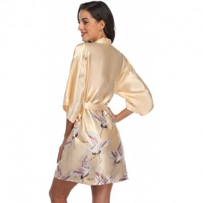 Robes Women's Floral Crane Kimono Robe Short Silky Sleepwear Plus Size Satin Spa Party Dressing Gown - Champagne - CY199U7K3H0