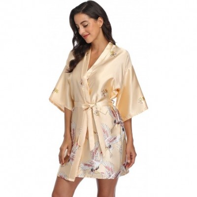 Robes Women's Floral Crane Kimono Robe Short Silky Sleepwear Plus Size Satin Spa Party Dressing Gown - Champagne - CY199U7K3H0