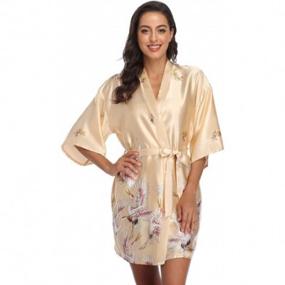 Robes Women's Floral Crane Kimono Robe Short Silky Sleepwear Plus Size Satin Spa Party Dressing Gown - Champagne - CY199U7K3H0