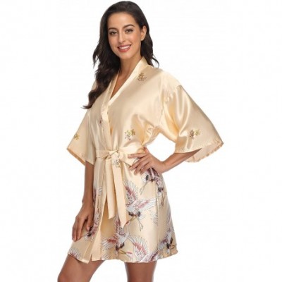 Robes Women's Floral Crane Kimono Robe Short Silky Sleepwear Plus Size Satin Spa Party Dressing Gown - Champagne - CY199U7K3H0