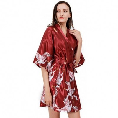 Robes Womens Sleepwear Premium Pattern Silk V Neck Kimono Robe Bride Bridesmaid Bathrobe Lingerie Loungewear Red short - CB19...