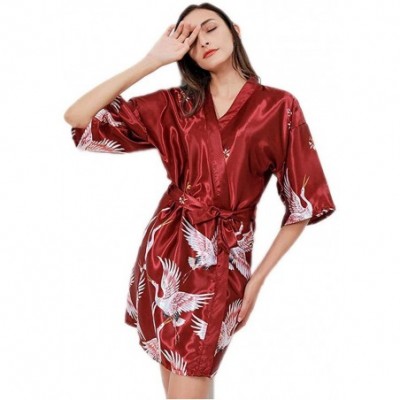 Robes Womens Sleepwear Premium Pattern Silk V Neck Kimono Robe Bride Bridesmaid Bathrobe Lingerie Loungewear Red short - CB19...