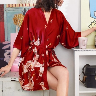 Robes Womens Sleepwear Premium Pattern Silk V Neck Kimono Robe Bride Bridesmaid Bathrobe Lingerie Loungewear Red short - CB19...