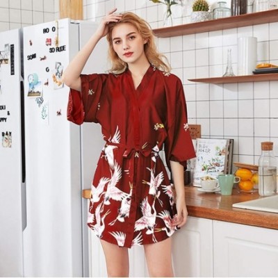 Robes Womens Sleepwear Premium Pattern Silk V Neck Kimono Robe Bride Bridesmaid Bathrobe Lingerie Loungewear Red short - CB19...