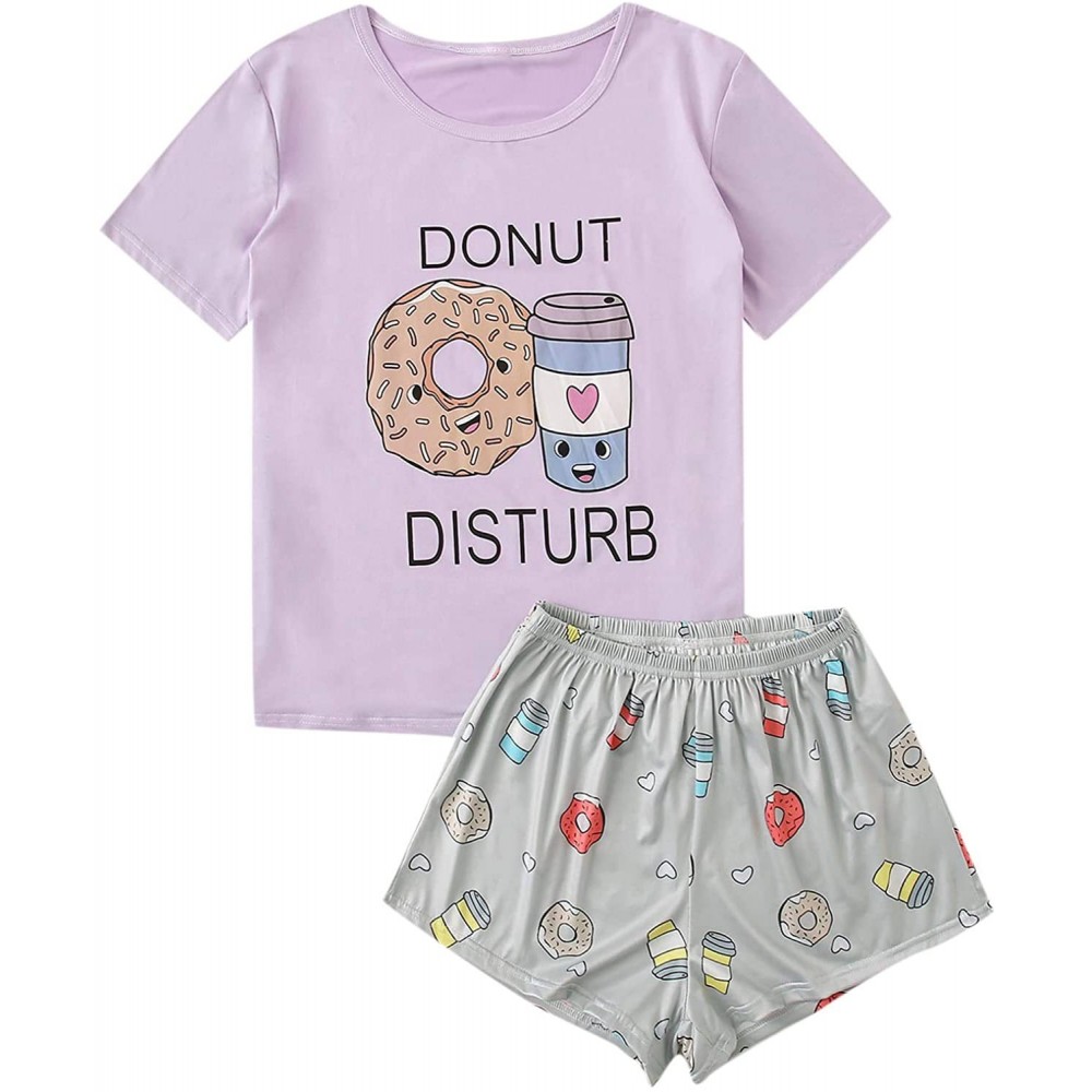 Sets Women's Cartoon Print Tee and Curved Hem Shorts Pajama Set - Purple and Grey - CL197NS340K