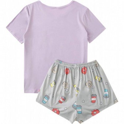 Sets Women's Cartoon Print Tee and Curved Hem Shorts Pajama Set - Purple and Grey - CL197NS340K