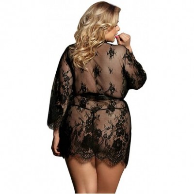 Nightgowns & Sleepshirts Plus Size Women's Sheer Lace Kimono Little Robe Lingerie with Flowers - Black-2 - CB190U8LO9D