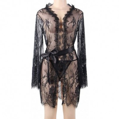 Nightgowns & Sleepshirts Plus Size Women's Sheer Lace Kimono Little Robe Lingerie with Flowers - Black-2 - CB190U8LO9D