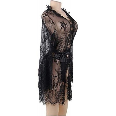 Nightgowns & Sleepshirts Plus Size Women's Sheer Lace Kimono Little Robe Lingerie with Flowers - Black-2 - CB190U8LO9D