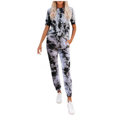 Sets Tie Dye Pajamas for Women Womens Pajama Sets Tie Dye Sweatsuit Short Sleeves Pullover 2 Pcs Lounge Jogger Set Grey - CE1...