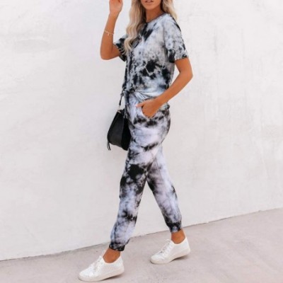 Sets Tie Dye Pajamas for Women Womens Pajama Sets Tie Dye Sweatsuit Short Sleeves Pullover 2 Pcs Lounge Jogger Set Grey - CE1...