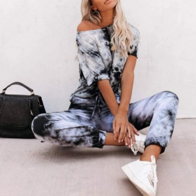 Sets Tie Dye Pajamas for Women Womens Pajama Sets Tie Dye Sweatsuit Short Sleeves Pullover 2 Pcs Lounge Jogger Set Grey - CE1...