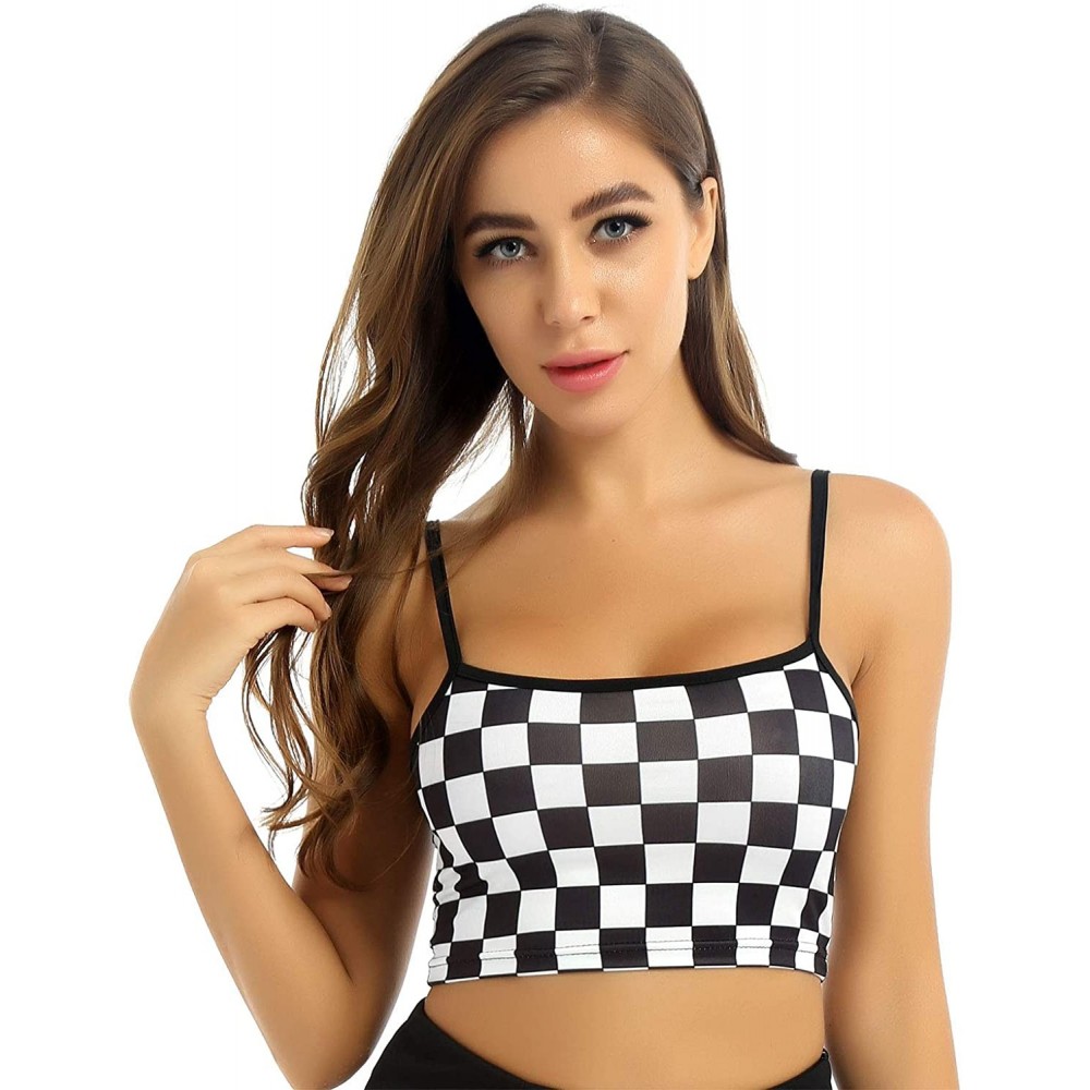 Camisoles & Tanks Women's Cute Printed Bra Top Cami Camisole Crop Top Tank Vest - Black&white Plaid - CL19CII0TSM