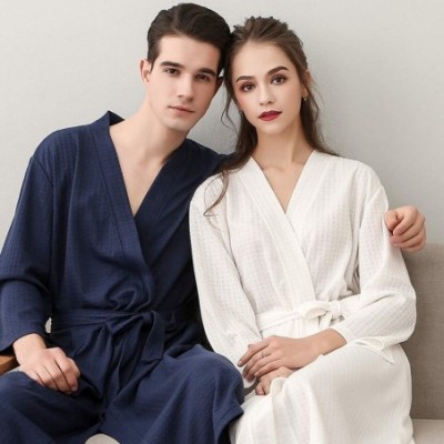 Robes Couple Pajamas Waffle Bathrobe Kimono Robe Lightweight Robe Spa Belted with Pockets - Womens Cyan - CV18HEG9AH0