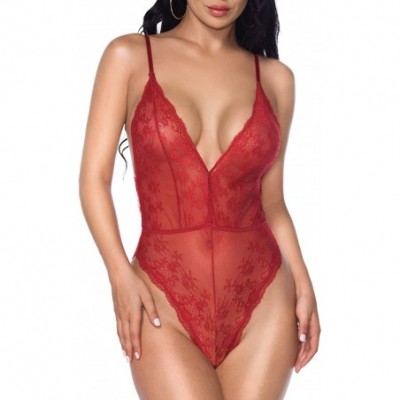 Baby Dolls & Chemises Backless Halter Plunge V Lace Bodysuit Teddy Lingerie for Women - Claret Red - CN18QKS3O5I