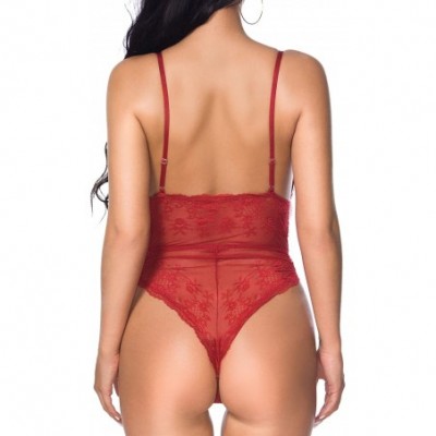 Baby Dolls & Chemises Backless Halter Plunge V Lace Bodysuit Teddy Lingerie for Women - Claret Red - CN18QKS3O5I