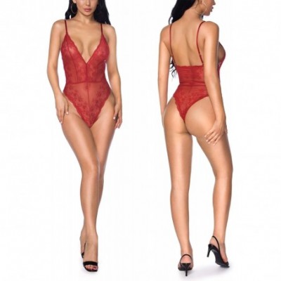 Baby Dolls & Chemises Backless Halter Plunge V Lace Bodysuit Teddy Lingerie for Women - Claret Red - CN18QKS3O5I