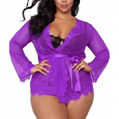 Garters & Garter Belts Women V-Neck Lace Sexy Lingerie Underwear Bathrobe Mesh Robe with Thong + Belt - Purple - CG18YYTZGZU