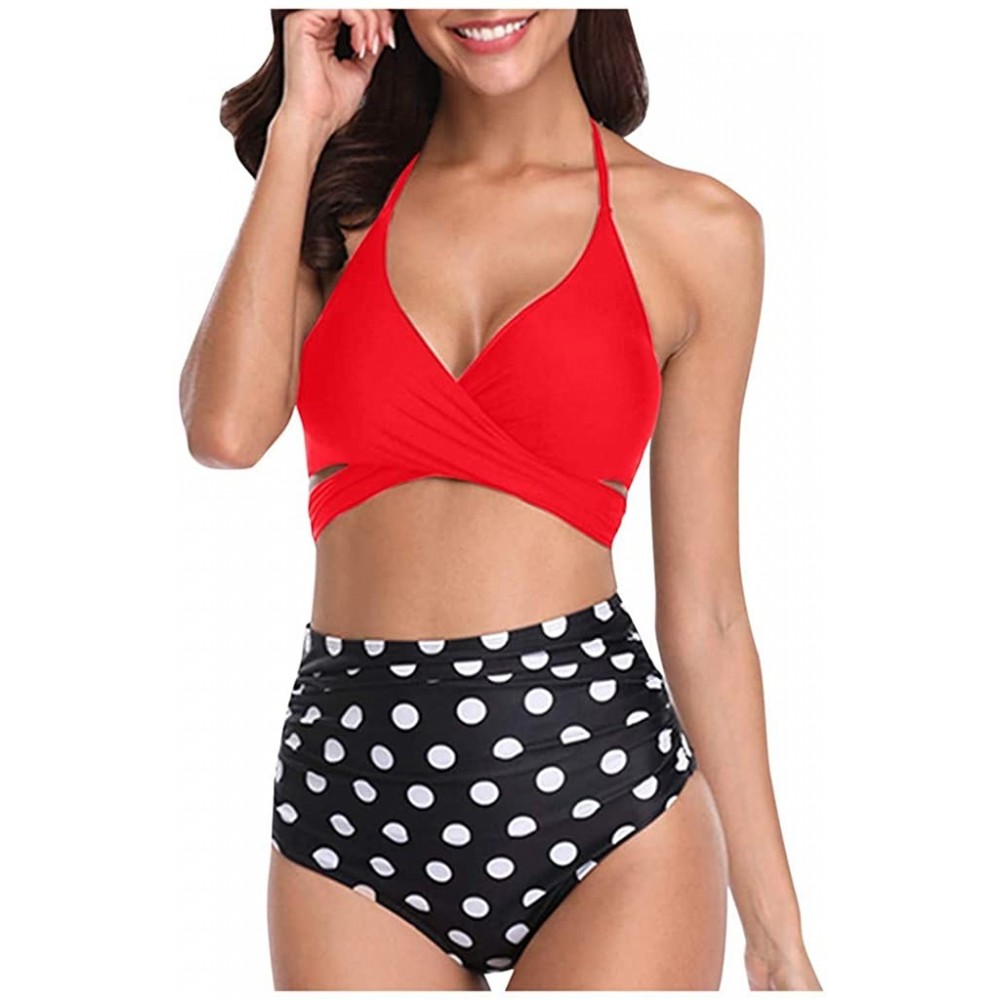 Tops Women High Waist Bikini Push Up Bikinis Print Swimsuit Female Beachwear Swimwear - P-red - CX1962H9I3W