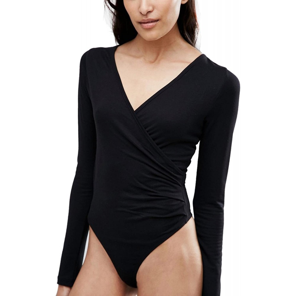 Shapewear Women's Long Sleeve Ruched V Neck Bodysuit - Black - CG12LAXJOWV