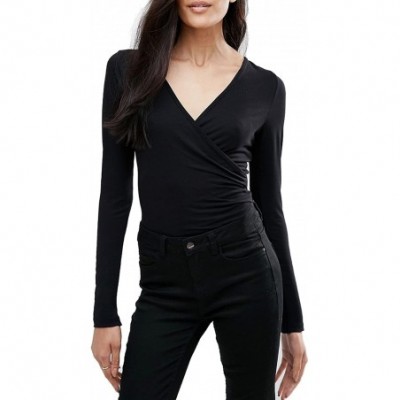 Shapewear Women's Long Sleeve Ruched V Neck Bodysuit - Black - CG12LAXJOWV