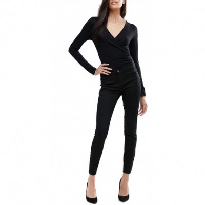 Shapewear Women's Long Sleeve Ruched V Neck Bodysuit - Black - CG12LAXJOWV