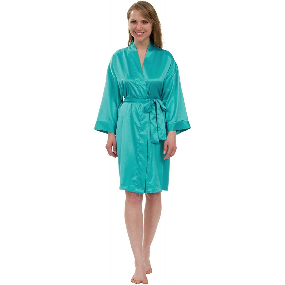 Robes Women's Stretch Matte Satin Robe- Bridesmaid Robe - Peacock Blue - C71836WHMCL