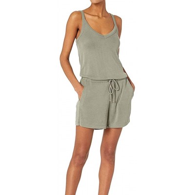 Sets Women's 2 Piece Summer Solid V-Neck Sleeveless Casual Daliy Romper Pajama Set - Green - C4190752X85