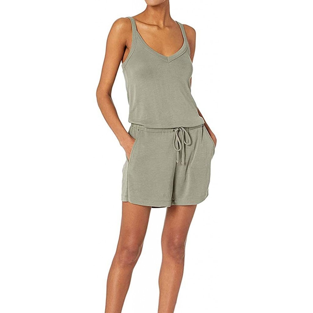 Sets Women's 2 Piece Summer Solid V-Neck Sleeveless Casual Daliy Romper Pajama Set - Green - C4190752X85