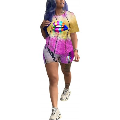 Sets Two Piece Outfits for Women Short Sleeve Tie Dye T Shirt Top Rainbow Shorts Set Tracksuit Plus Size Lip yellow - CN19CGI...