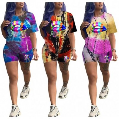 Sets Two Piece Outfits for Women Short Sleeve Tie Dye T Shirt Top Rainbow Shorts Set Tracksuit Plus Size Lip yellow - CN19CGI...