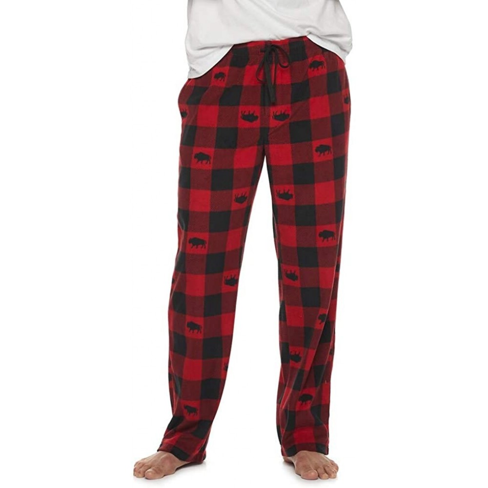 Sleep Bottoms Men's Ultra-Soft Brushed Microfleece Sleep Bottoms Lounge Pajama Pants - Red & Black Buffalo Plaid - C41930LE582