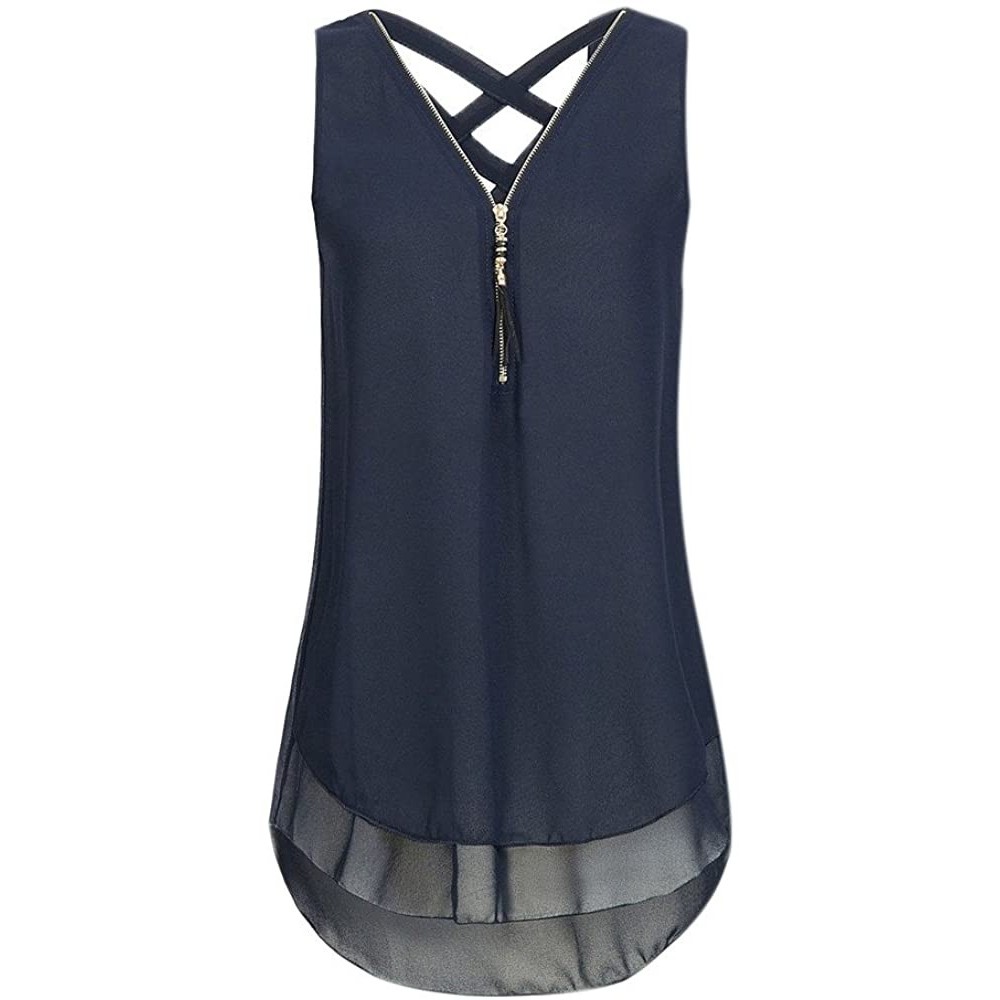 Slips Women's Sleeveless Solid V-Neck Zipper Casual Tunic Tank Tops Vest High Low Hem Blouse Tee Shirts - 00 Blue - CG194N6XDWZ