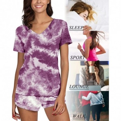 Sets Pajamas for Women Short Sleeve V Neck Sleepwear Tops Lounge Shorts Solid Loungewear Set - Tie Dye-claret - CG198Y6Z6HR