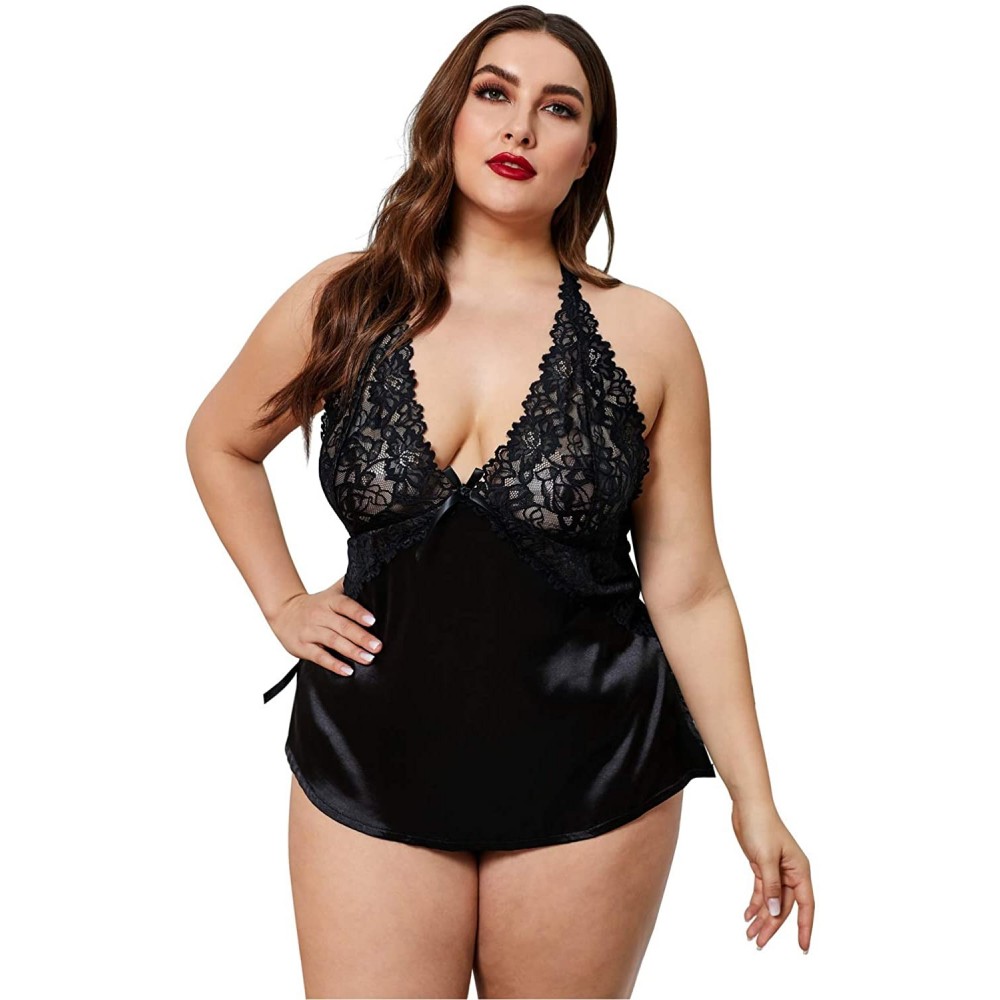 Sets Sexy Plus Size Satin Pajamas Sets Luxury Babydoll 1X-5X - T Black Enticing Words Cami Shorts Set - CM1999TDU9C